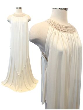 Joseph Magnin Silky Satin Ivory Vintage Goddess Maxi Gown Halter Kaftan Dress